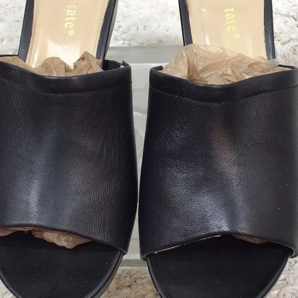 David Tate black leather wedge slides 9W